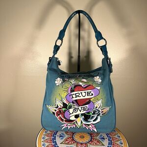 Ed Hardy True Love Canvas Shoulder Bag Purse Blue Teal Retro Tattoo Sequins Y2K